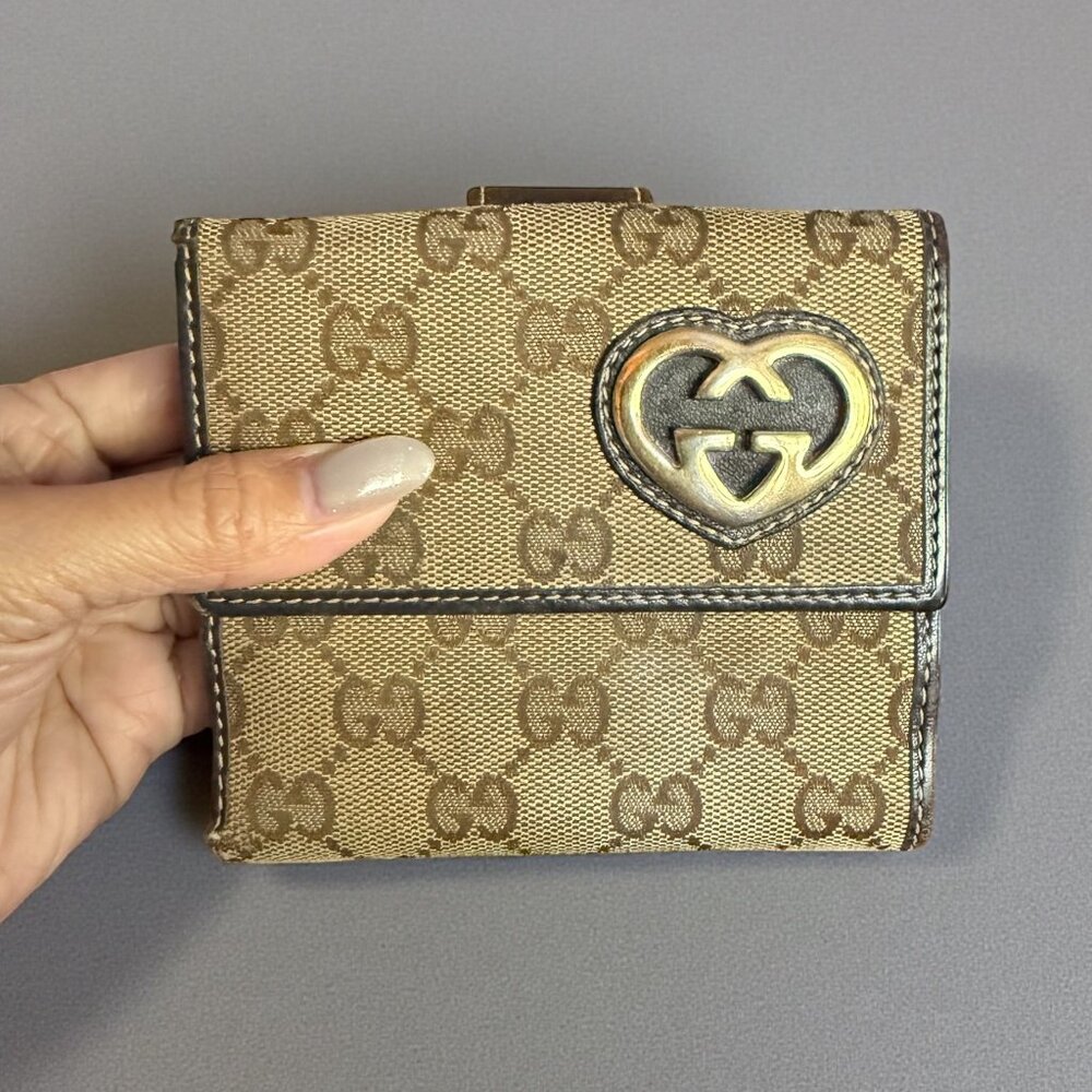 Gucci Tan and Brown Wallet with Gold Heart Logo